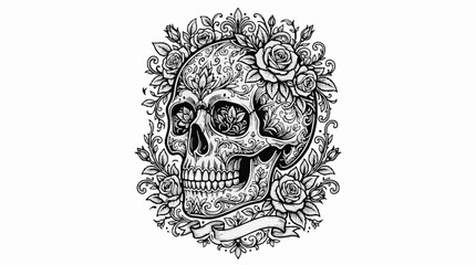 Fototapeta premium Ornate sugar skull with roses and floral filigree patterns