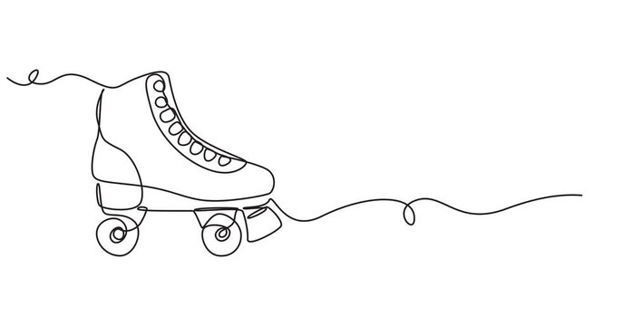 Animated self drawing of continuous line draw pair of vintage, retro quad roller skates icon logo symbol, Full length one line animation, skates icon logo symbol. Sketch style pair of quad roller is.