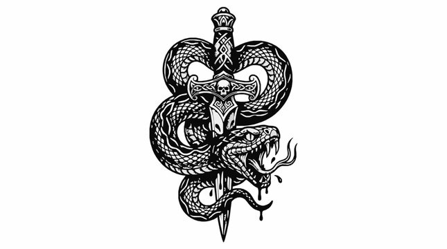 Viking style snake coiled around a decorative sword with a skull on the hilt