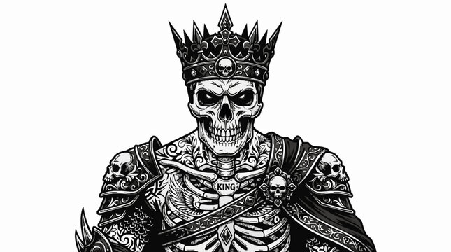 Gothic skeleton king with crown and skull armor black and white illustration