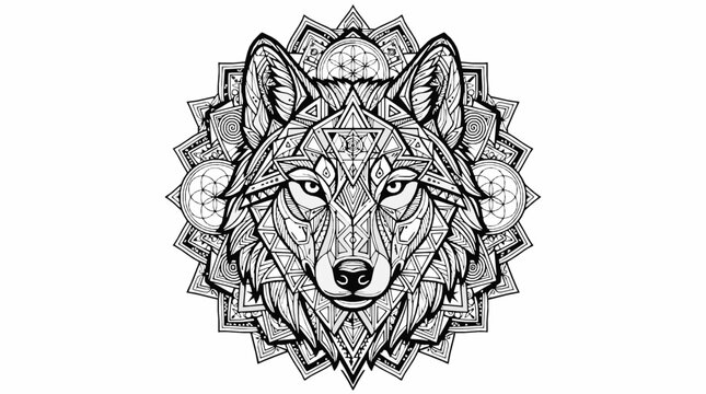 Geometric wolf head mandala illustration