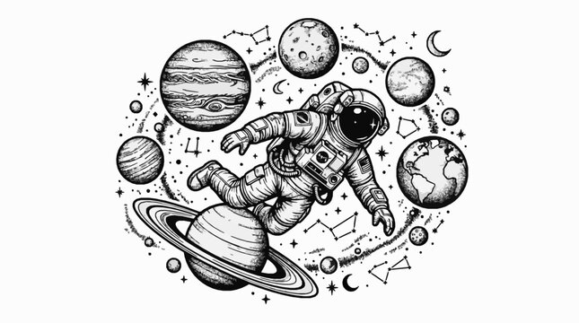 Astronaut floating in space with planets and constellations