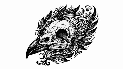 Fototapeta premium Raven skull illustration with ornamental feathers and runic symbols