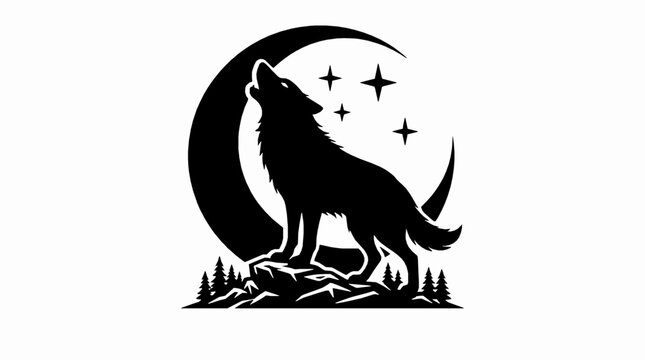 Silhouette of a wolf howling at the moon with stars and pine trees