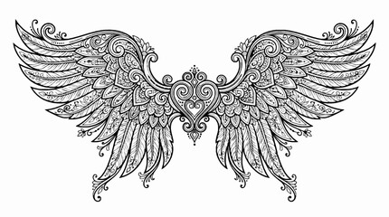 Fototapeta premium Ornate decorative wings with central heart element, intricate mandala style line art illustration