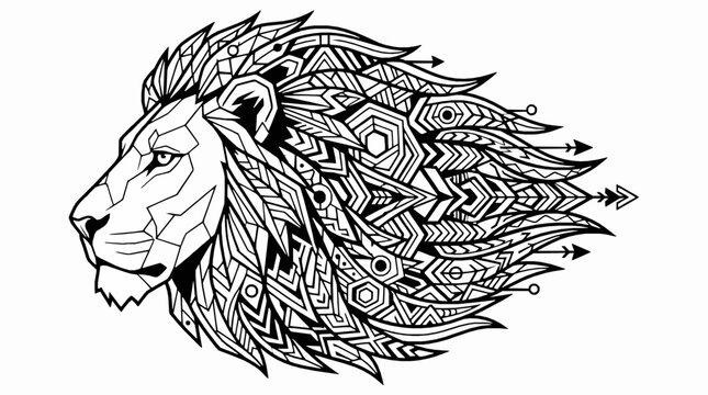 Geometric lion head illustration with tribal patterns and arrow elements