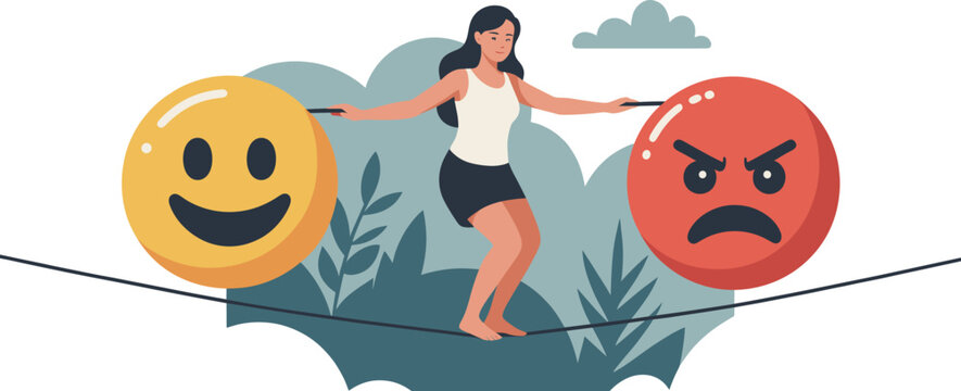 Woman balancing on tightrope between happy and angry emoji faces vector illustration emotional control concept