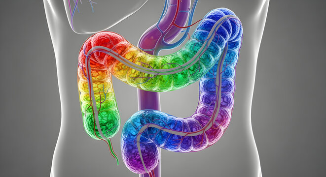 3D illustration of a human large intestine colored in a rainbow gradient.