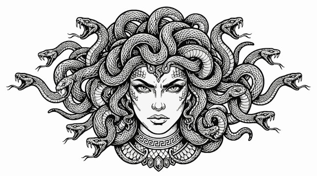 Medusa head with snake hair, mythological greek gorgon portrait