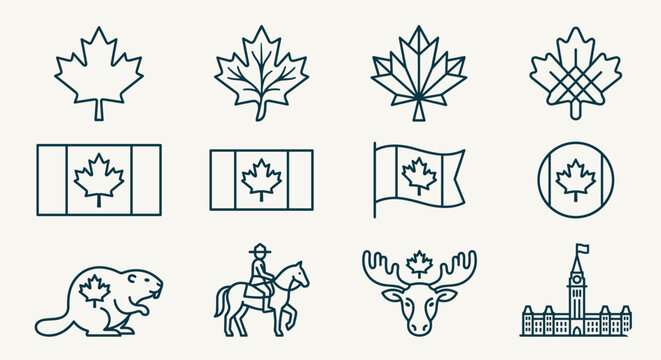 Collection of Canadian Icons: Maple Leaf, Flag, Beaver, RCMP, Moose, Parliament Hill