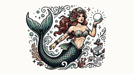 Obraz premium Vintage tattoo style mermaid holding a pearl