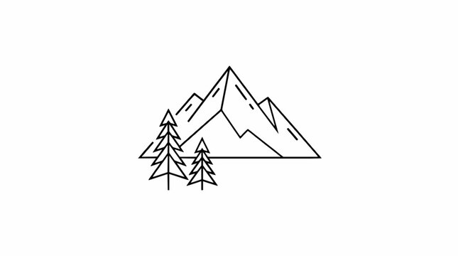Minimalist mountain landscape with pine trees line art illustration