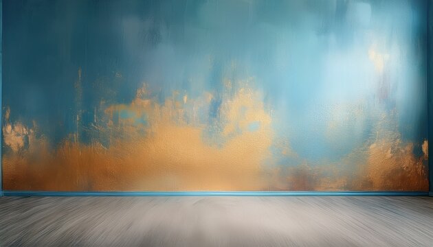 light blue studio painted backdrop muted golden tones canvas background on the wall and on the floor with a soft transition