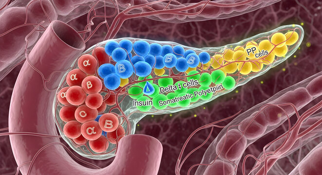 3D illustration of a pancreas showing alpha, beta, delta, and pp cells.
