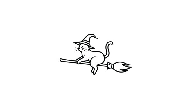 Cat wearing a witch hat flying.