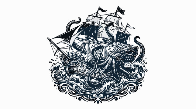 Kraken attacking a pirate ship sea devil