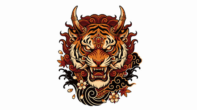 Japanese style tiger head with horns and floral elements