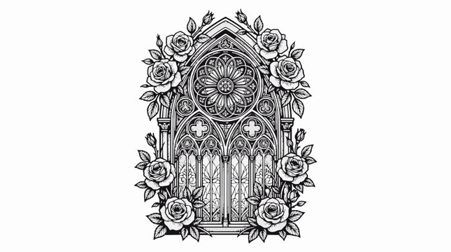 Gothic arched window with stained glass and blooming roses