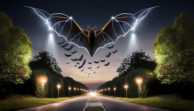 bat friendly streetlights dimmed for earth day migration insects swarming restored native hedgerows echolocation waves visualized as shimmering trails
