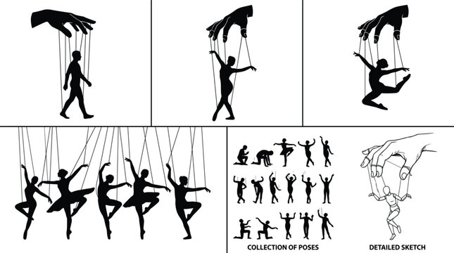 Silhouettes and sketches of marionette puppets controlled by hands with strings in expressive dance and dynamic poses