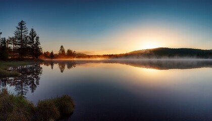 Obraz premium reflections on the surface of a tranquil lake at sunrise