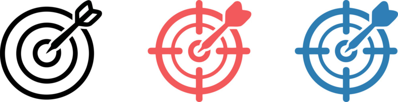 Target and Dart Set in Outline Red and Blue Styles Representing Goal Achievement and Focus