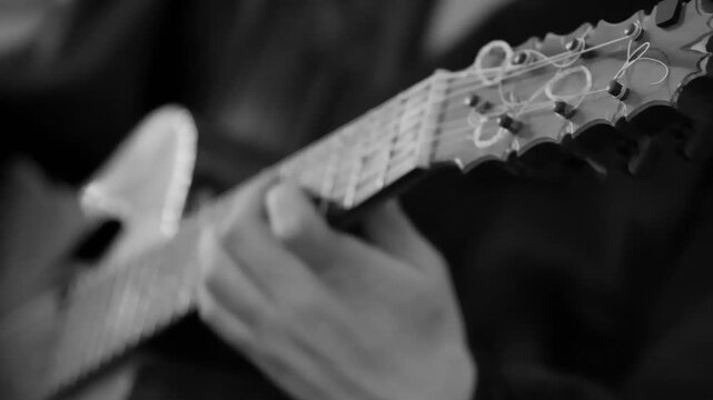 Cinematic monochrome acoustic guitar strings played by musician hands
