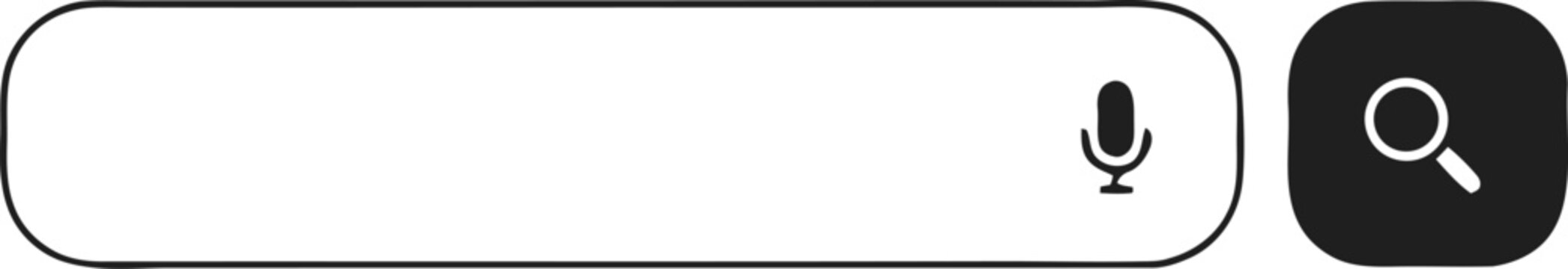 Interactive search bar with voice command and magnifying glass icon for user interface design in clean monochrome vector style with high contrast elements