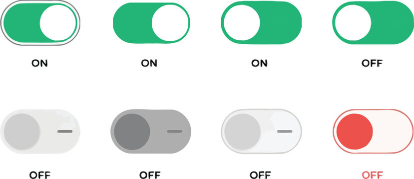 UI toggle switch set for mobile app settings and web interface controls showing on and off states in green and grey color scheme vector design style