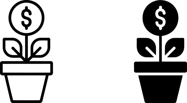 Two simple representing financial growth and investment with a dollar sign on a plant in a pot