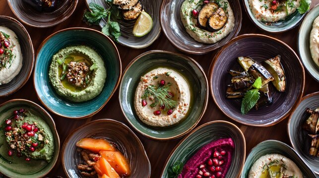 A top-down composition of multiple mezze plates arranged in a spiral pattern with eggplant dishes at the center