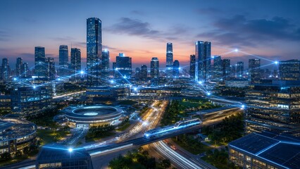 Naklejka premium Smart City Connected by Artificial Intelligence Digital Network