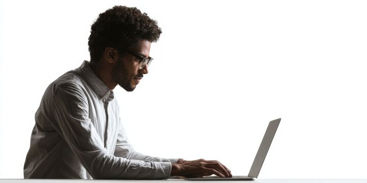 Young Man Working on Laptop Isolated on White Background