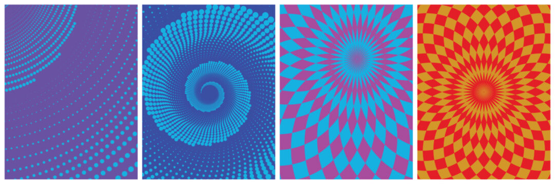 Abstract Geometric Optical Illusion Background Set with Colorful Radial Patterns and Spiral Dot Designs