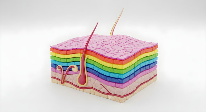 Layered skin model showcasing epidermis and dermis section with hair follicle structures.