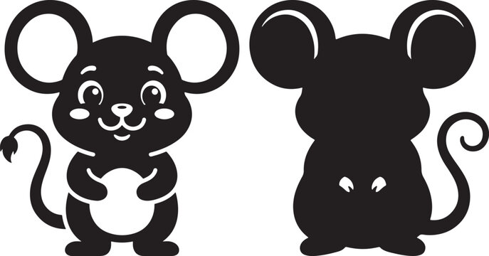 Friendly mouse characters standing upright silhouette set vector illustration with black and white animal character silhouette