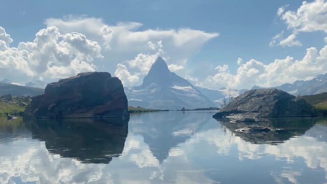 Perfect Symmetrical Reflection of the Matterhorn Peak in Stellisee Lake, Zermatt