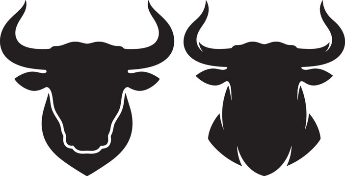 Bison or bull head silhouettes in black vector on white background with silhouette background strength isolated powerful wildlife