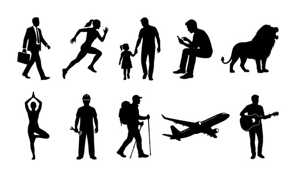 Collection of lifestyle people silhouettes featuring runners, dancers, families, musicians, cyclists, travelers, and daily activity figures