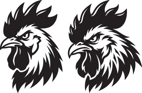 Aggressive rooster head black silhouette vector mascot on white background with silhouette aggressive illustration isolated