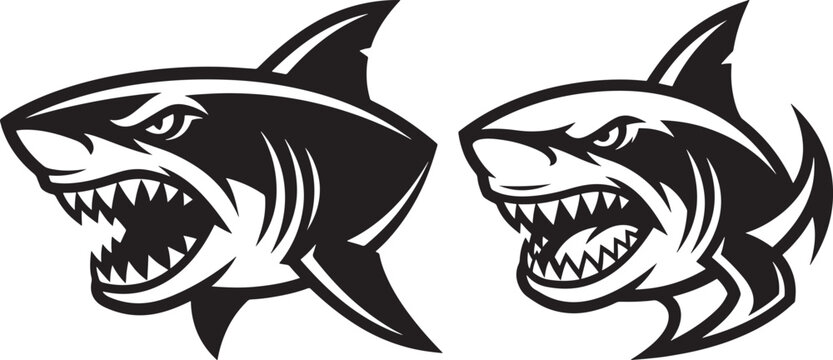 Fierce shark head black silhouette vector icon on white background with predator silhouette aggressive illustration isolated