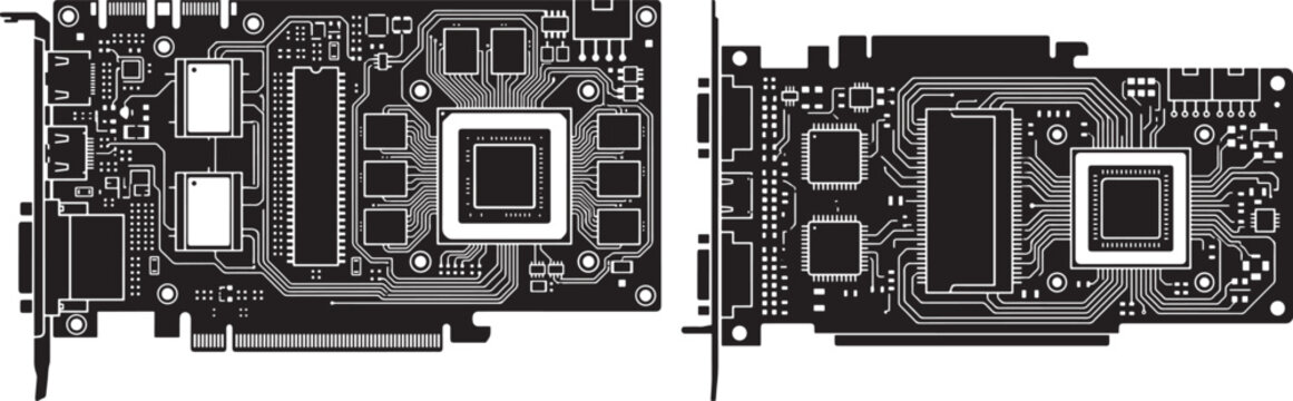 Computer graphics card gpu hardware silhouette black vector icon set with graphics computer hardware component electronic isolated