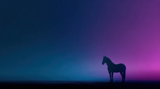 Silhouette of a majestic horse standing against a gradient backdrop of deep blue and vibrant pink, evoking a sense of mystery and elegance