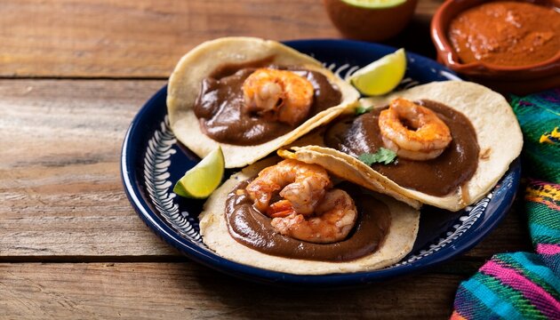 mexican romeritos with mole sauce and shrimp on wooden table copy space