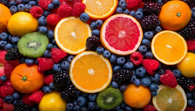 colorful pile of mixed fruits the composition is frame filling and features bright yellow lemon slices whole oranges plump red raspberries dark glossy blackberries and dusty blue blueberries