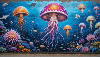 Fototapeta premium Vibrant underwater jellyfish mural painted on a rustic brick wall, colorful marine life street art,