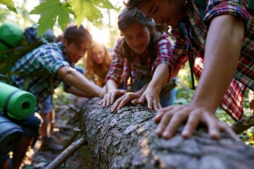 Fototapeta premium Young hikers helping each other climb over fallen tree on forest trail