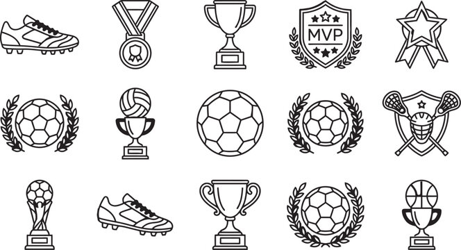 Black line icons of soccer, trophy and sports awards