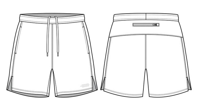 Men's 7 Inch Split Hem Running Shorts &ndash; Technical Flat CAD Front Back View Apparel Vector