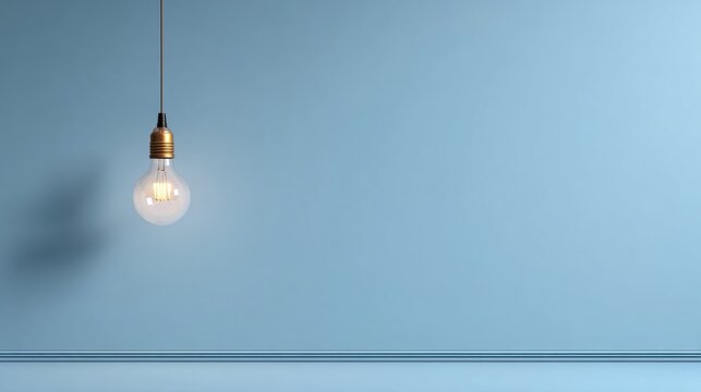 A single, glowing light bulb hangs from a cord against a plain, light blue wall, casting a soft shadow